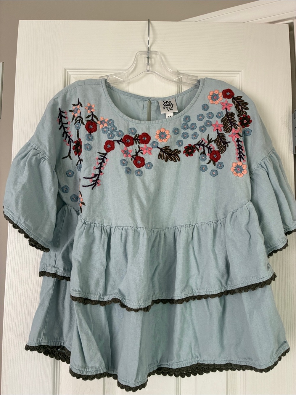 ivy jane Light Blue Tiered Embroidered Peasant Blouse